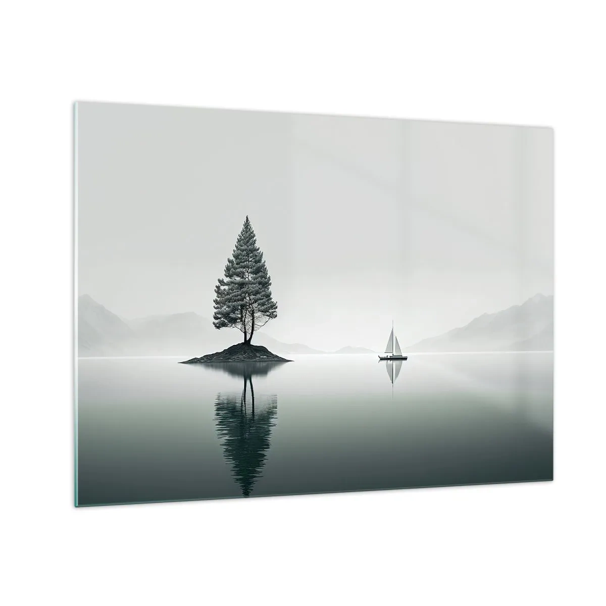 Schilderen op glas - Een eenzame boom op een eiland en een zeilboot op een kalm meer - 70x50cm - Droom - Moderne wanddecoratie voor woonkamer en slaapkamer ARTTOR