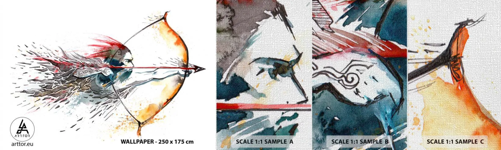 Fotobehang Monster Premium Canvas - Mythische krijger met een vurige boog - Abstractie, Schutter, Boogschot - 100x30 cm