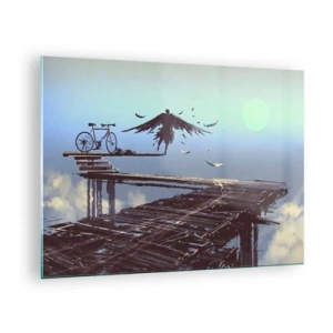 Schilderen op glas - Een figuur met een fiets op een houten brug boven de wolken - 70x50cm - Icarus leeft voor altijd - Moderne wanddecoratie voor woonkamer en slaapkamer ARTTOR