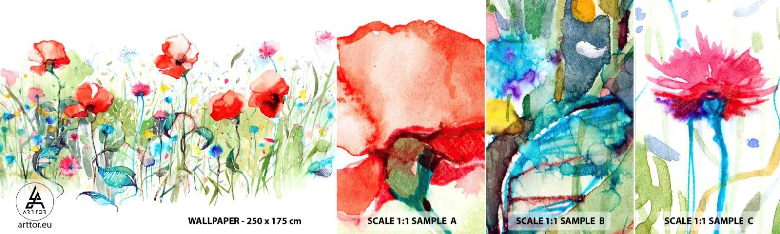 Fotobehang Monster Zelfklevend Deluxe Sticker - Bloeiende meiweide - Bloemen, Klaprozen, Tuin - 100x30 cm