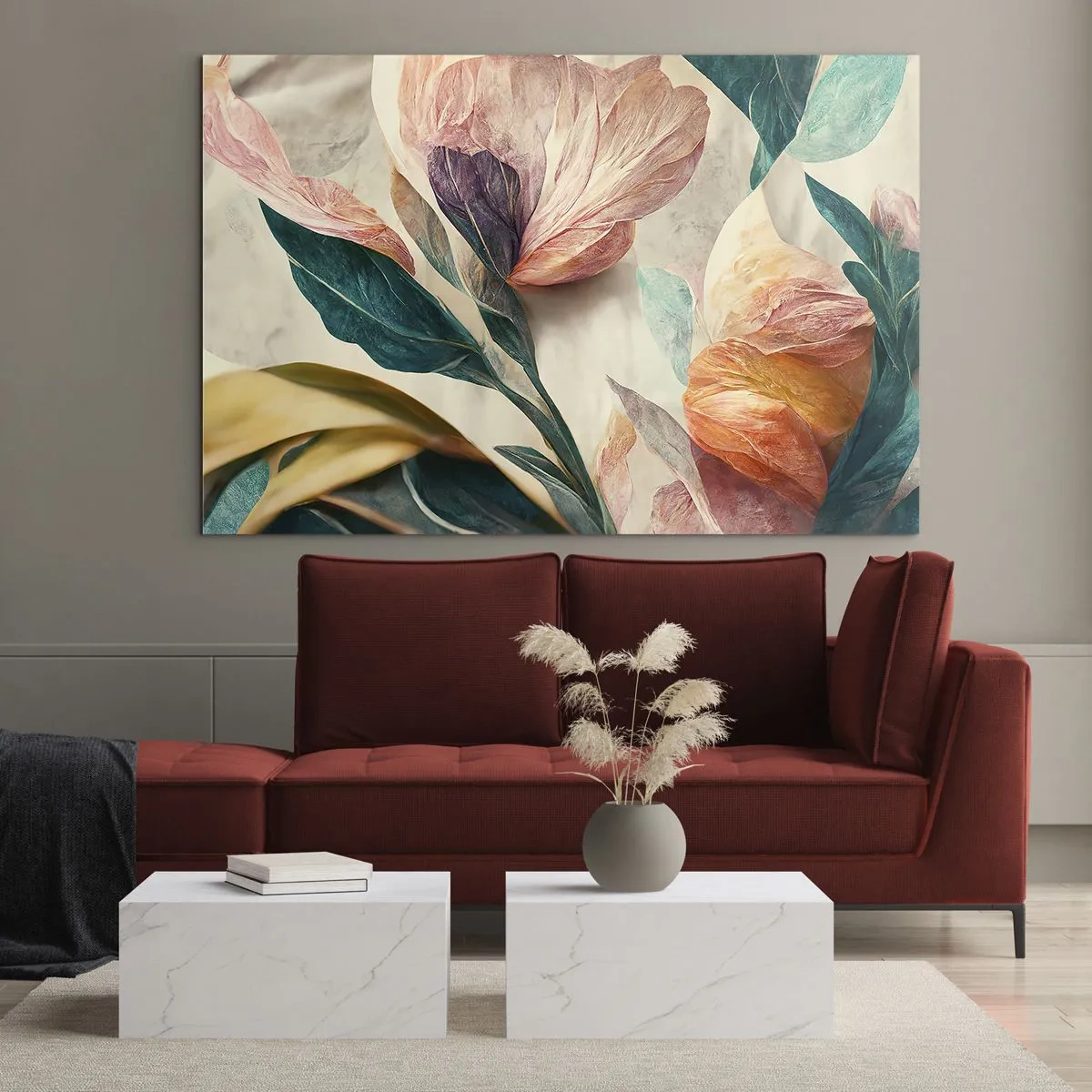 Schilderen op glas - Exotische bloemen en bladeren in pastelkleuren in een botanische stijl - 70x50cm - Bloemen van de zuidelijke eilanden - Moderne wanddecoratie voor woonkamer en slaapkamer ARTTOR