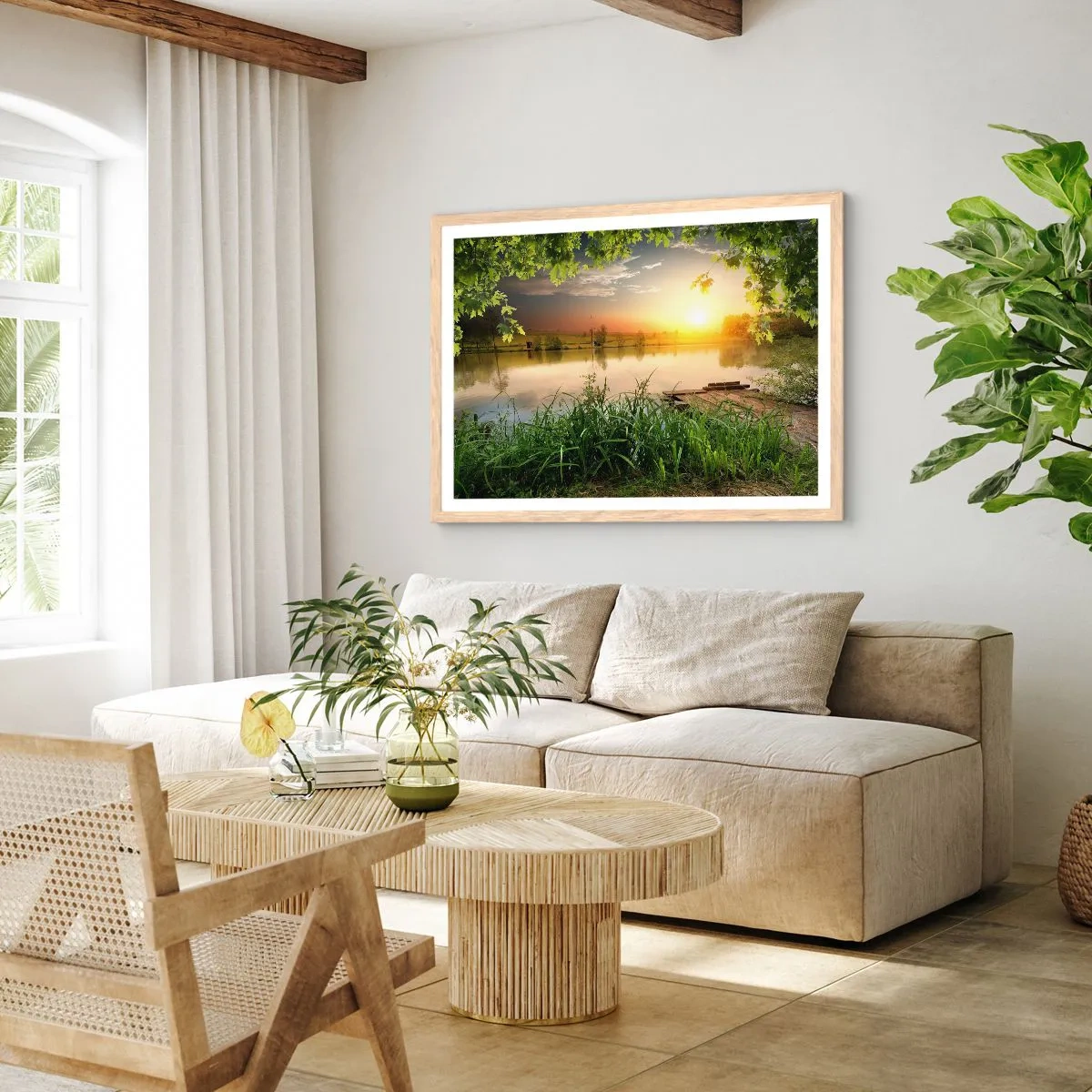 Een poster in een licht eiken lijst - Landschap in een groen kader - 91x61 cm