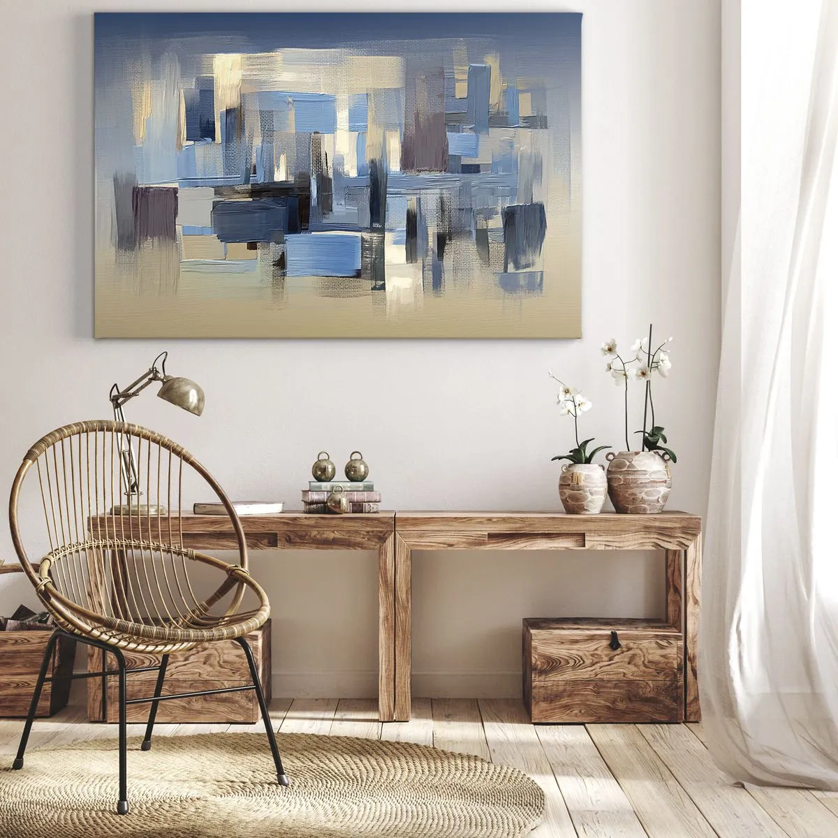 Schilderen op canvas - Geometrische vormen in tinten blauw en beige - 70x50cm - Blauwe constructie - Moderne wanddecoratie voor woonkamer en slaapkamer ARTTOR