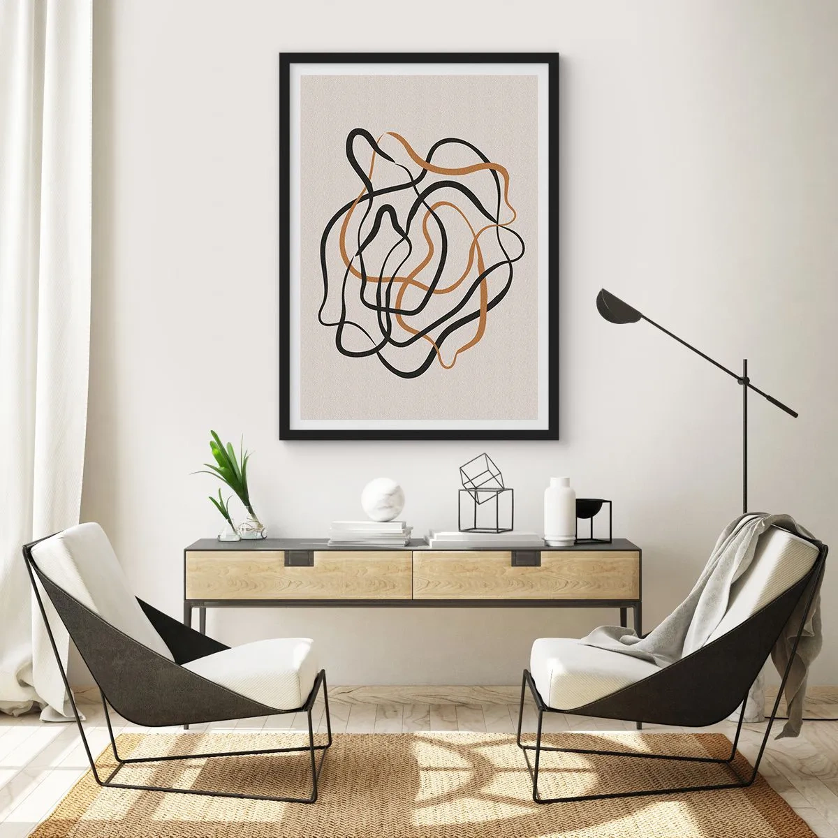 Poster in een zwarte lijst - Abstracte verwarde lijnen in zwart en goud op beige - 50x70cm - Alles ging mis - Moderne wanddecoratie voor woonkamer en slaapkamer ARTTOR