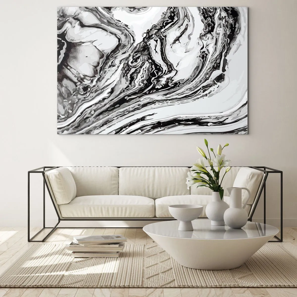 Schilderen op glas - Een abstract patroon in zwart-wittinten dat op golven lijkt. - 70x50cm - In het begin was er chaos - Moderne wanddecoratie voor woonkamer en slaapkamer ARTTOR