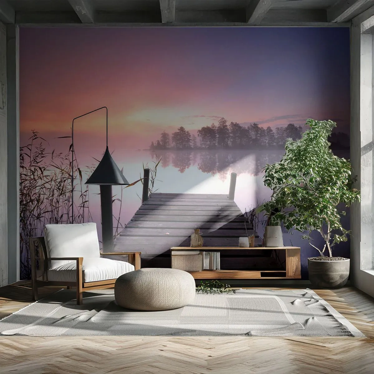 Fotobehang Premium Sand - Van de lila mist... - Landschap, zonsopkomst, Meer - 100x70 cm