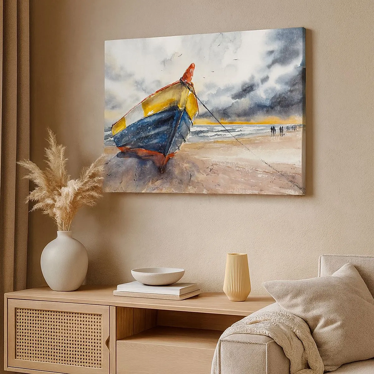 Schilderen op canvas - Een pittoreske boot op het strand onder een bewolkte lucht - 70x50cm - Rust aan de kust - Moderne wanddecoratie voor woonkamer en slaapkamer ARTTOR