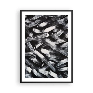 Poster in een zwarte lijst - Abstracte witte penseelstreken op een zwarte achtergrond - 50x70cm - Abstractie in de industriële spirit - Moderne wanddecoratie voor woonkamer en slaapkamer ARTTOR