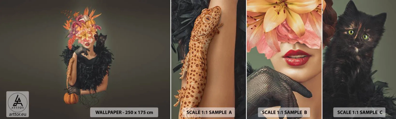 Fotobehang Staaltje Standard Eco - De spreuk van een heks - Abstractie, Vrouw, Bloemen - 100x30 cm