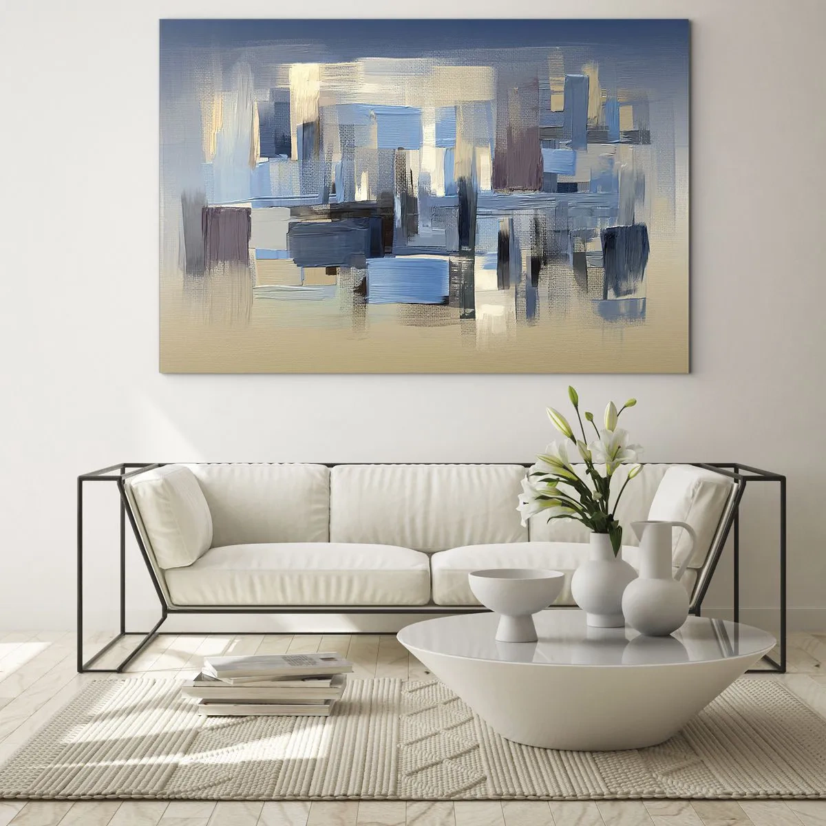 Schilderen op glas - Geometrische penseelstreken in tinten blauw en beige - 70x50cm - Blauwe constructie - Moderne wanddecoratie voor woonkamer en slaapkamer ARTTOR