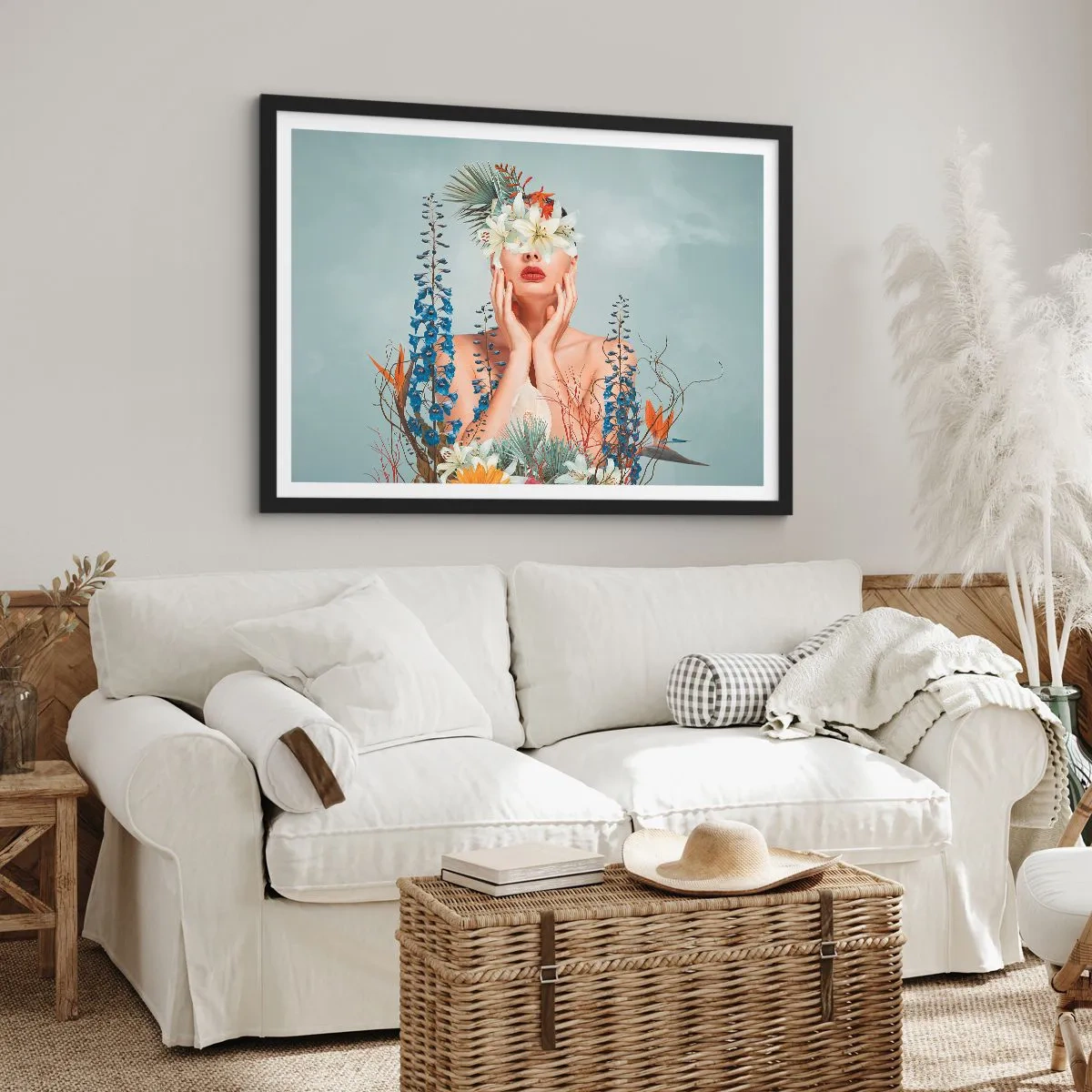 Poster in een zwarte lijst - Vrouw - bloem - 50x40 cm