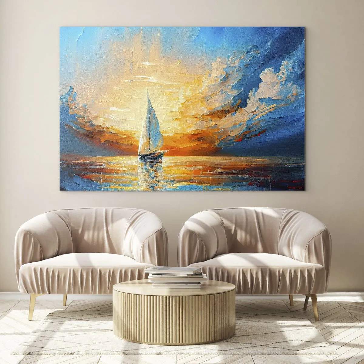 Schilderen op glas - Een zeilboot op zee in het licht van de ondergaande zon - 70x50cm - Zeilen in goud - Moderne wanddecoratie voor woonkamer en slaapkamer ARTTOR