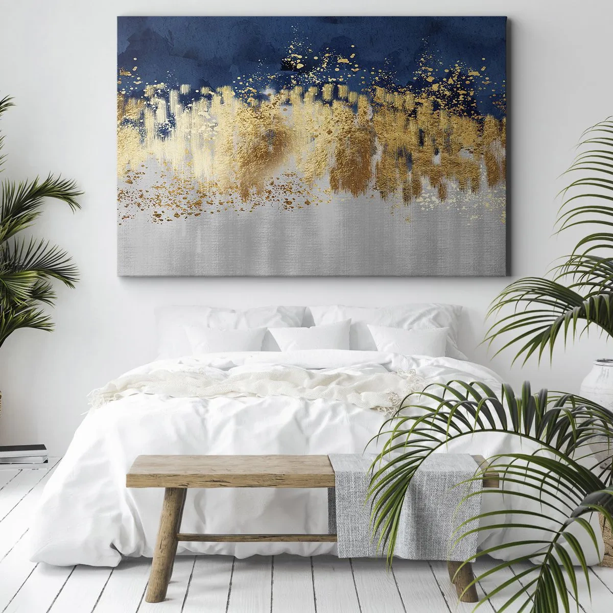 Schilderen op canvas - Een abstracte compositie in tinten goud en marineblauw. - 70x50cm - Een moderne compositie met sprankeling - Moderne wanddecoratie voor woonkamer en slaapkamer ARTTOR