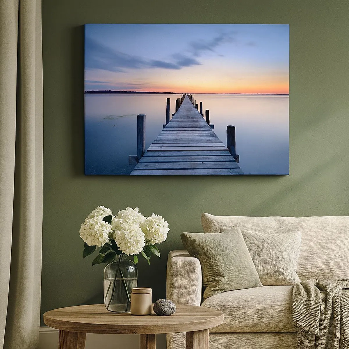 Schilderen op canvas - Houten steiger op het meer bij zonsondergang - 70x50cm - De rust van een serene schemering - Moderne wanddecoratie voor woonkamer en slaapkamer ARTTOR