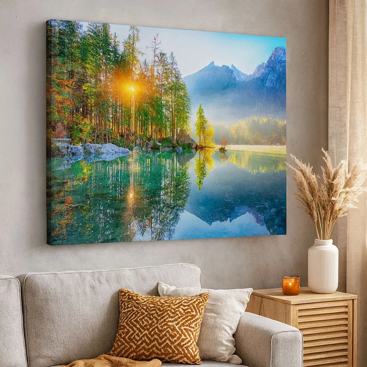 Schilderen op canvas - Een meer omgeven door bergen en bos in de zonnestralen - 70x50cm - Majesteit en zoetheid - Moderne wanddecoratie voor woonkamer en slaapkamer ARTTOR