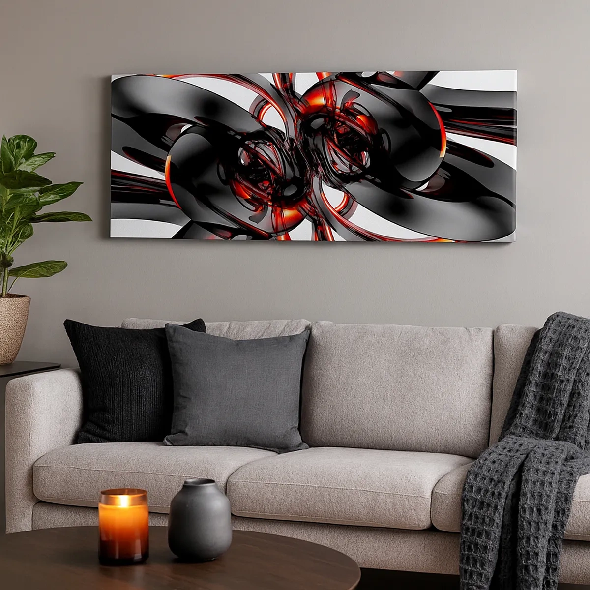 Schilderen op canvas - Beweging in grafiet en rood - 30x30 cm