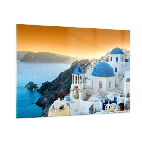Schilderen op glas - Santorini - genesteld tegen de rotsen - 100x70 cm
