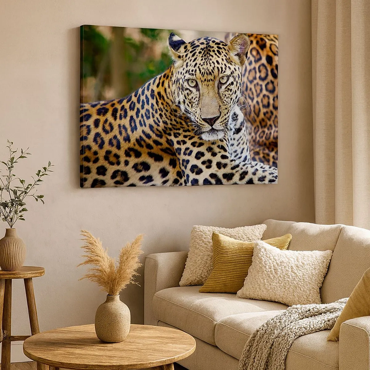 Schilderen op canvas - Jaguar rust in een natuurlijke omgeving met een groene achtergrond. - 70x50cm - Wild en kalm - Moderne wanddecoratie voor woonkamer en slaapkamer ARTTOR