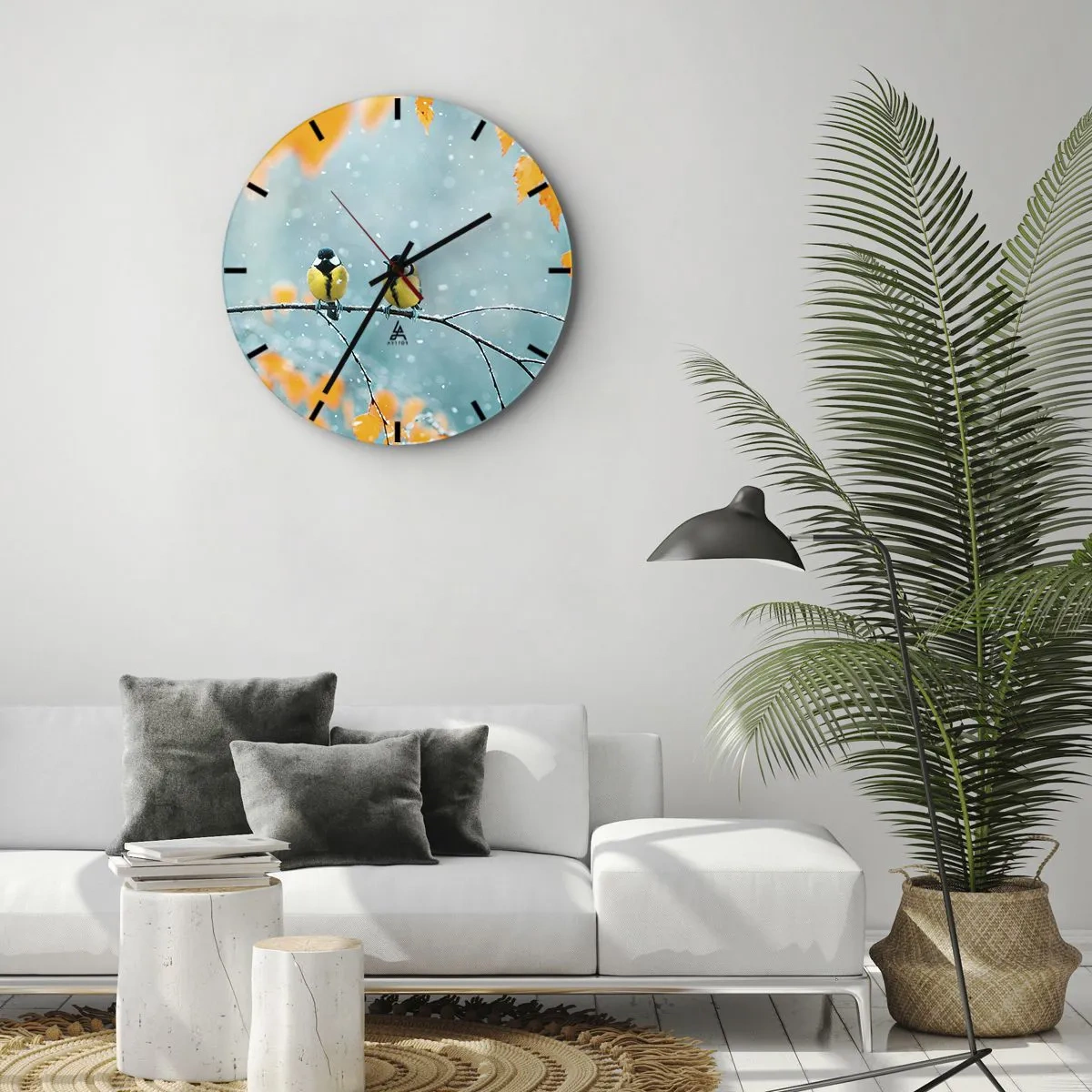 Wandklok - Klok - Twee mezen op een met sneeuw bedekte tak in een winterlandschap - 30x30cm - Vogelroddel - Moderne wanddecoratie voor woonkamer, keuken en slaapkamer ARTTOR