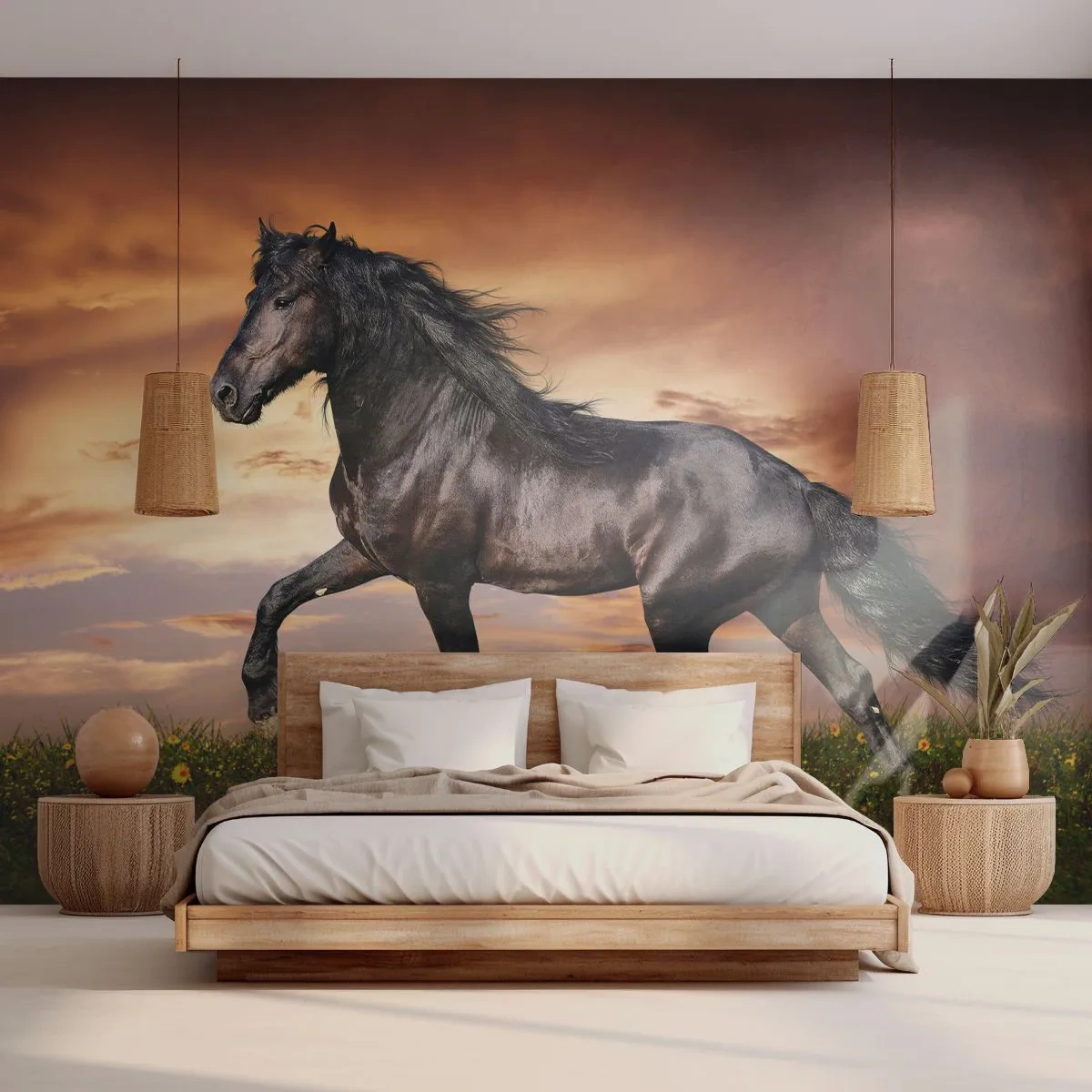Zelfklevend Fotobehang Deluxe Sticker - Zwarte Prins - Dieren, Arabisch paard, Landschap - 250x175 cm