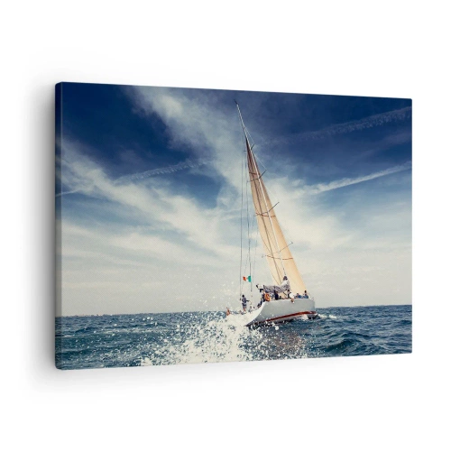Schilderen op canvas - Een zeilboot op een stormachtige zee onder een blauwe lucht - 70x50cm - Ze halen ons niet in! - Moderne wanddecoratie voor woonkamer en slaapkamer ARTTOR