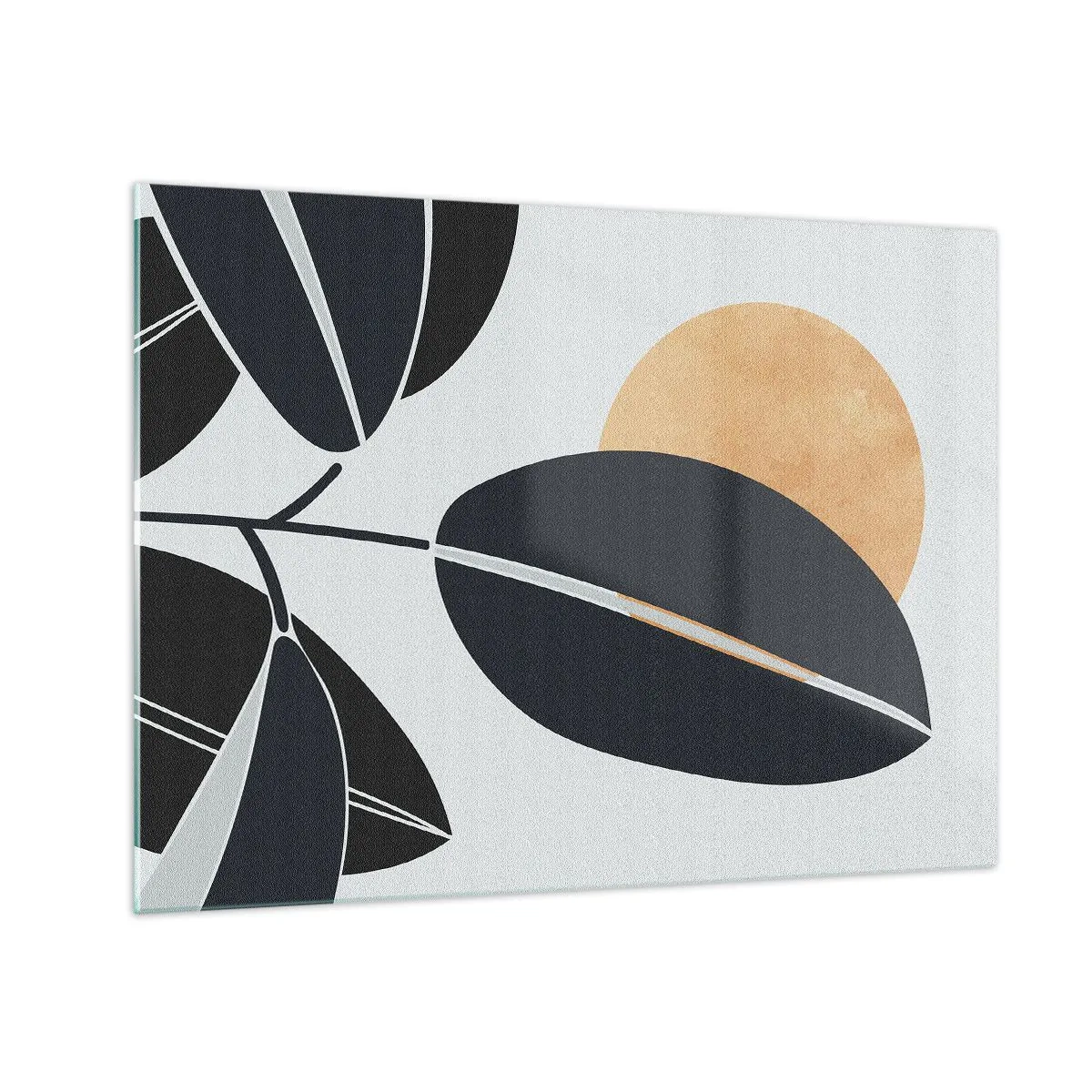 Schilderen op glas - Gestileerde bladeren in zwart met een oranje zon op de achtergrond - 70x50cm - Hete zomerdag - Moderne wanddecoratie voor woonkamer en slaapkamer ARTTOR