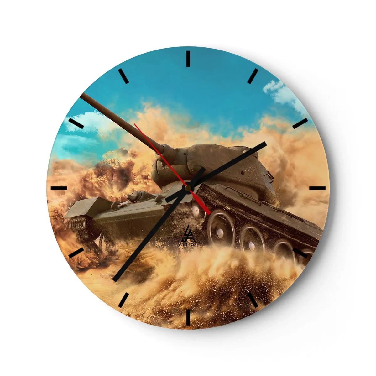 Wandklok - Klok - Dynamische scène van een tank die in actie de woestijn doorkruist - 30x30cm - Niet te verslaan - Moderne wanddecoratie voor woonkamer, keuken en slaapkamer ARTTOR