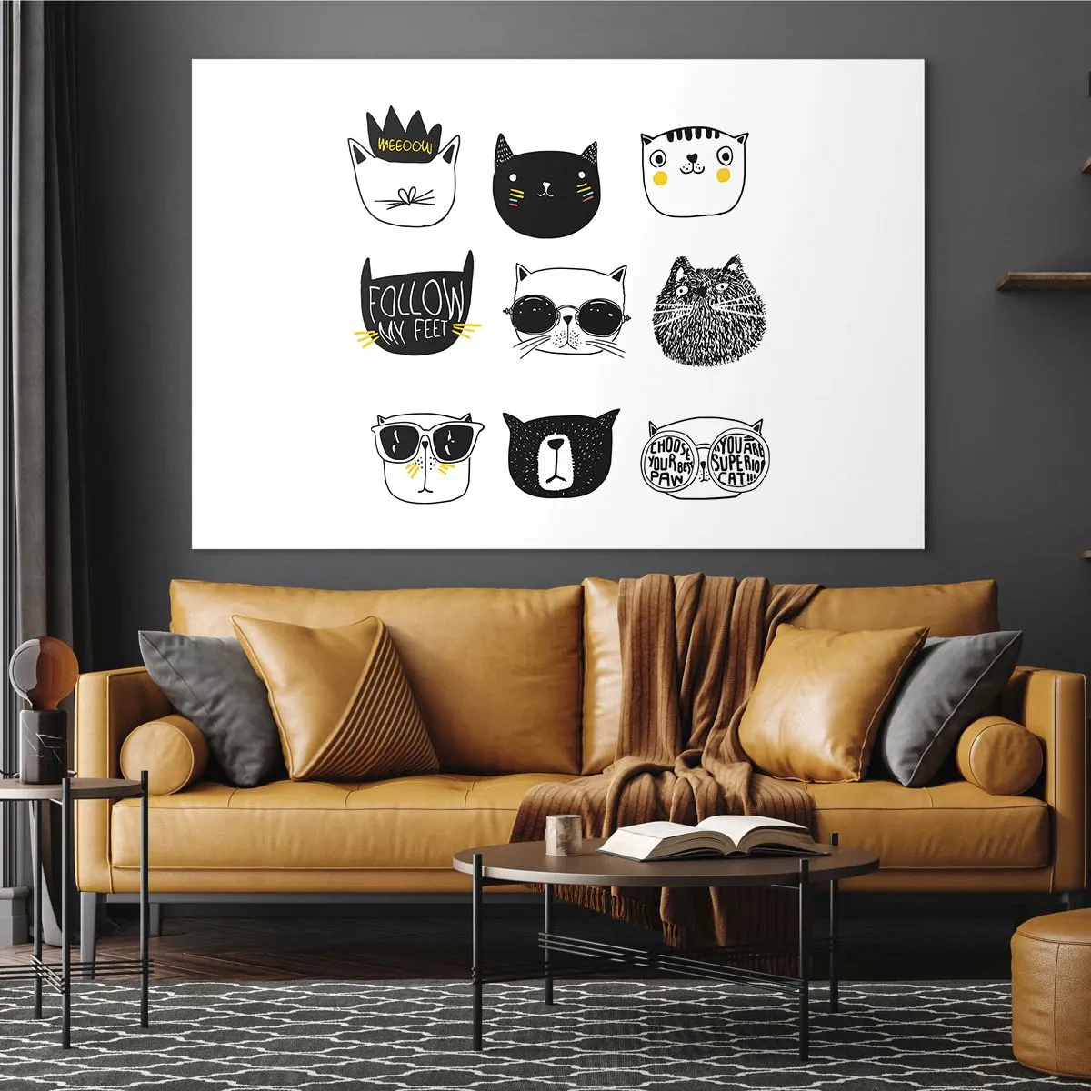 Schilderen op glas - Illustraties van schattige katten in een minimalistische stijl - 70x50cm - Iedereen is anders - Moderne wanddecoratie voor woonkamer en slaapkamer ARTTOR