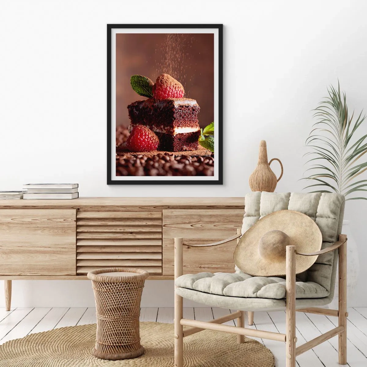 Poster in een zwarte lijst - Chocoladetaart met frambozen en cacaosprinkles - 50x70cm - Het leven is zoet - Moderne wanddecoratie voor woonkamer en slaapkamer ARTTOR