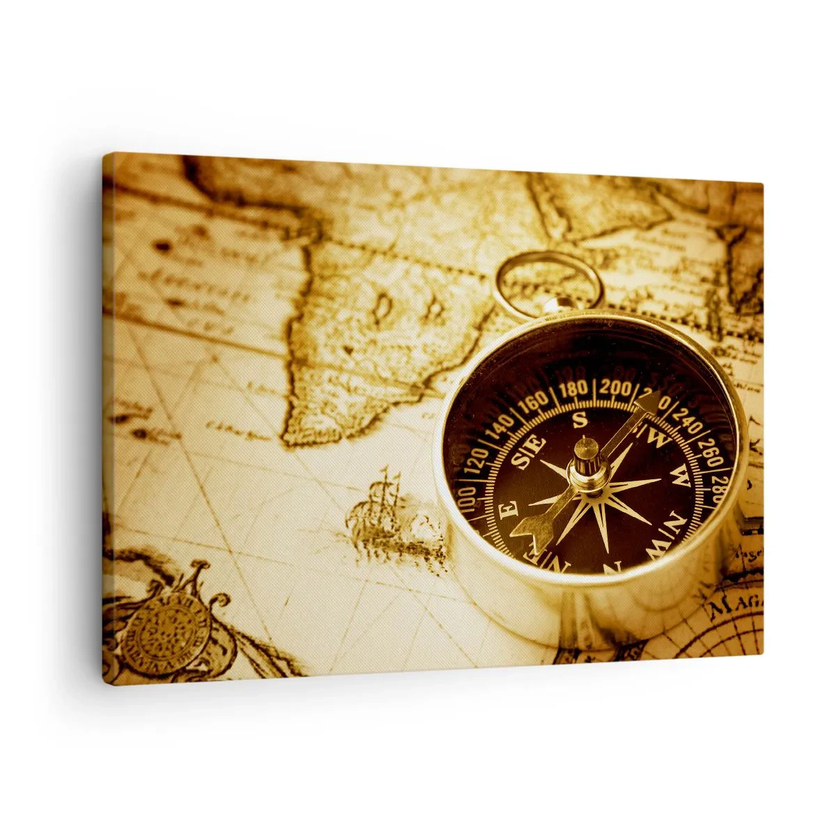 Schilderen op canvas - Een antiek kompas tegen de achtergrond van een oude wereldkaart - 70x50cm - Oost of west? - Moderne wanddecoratie voor woonkamer en slaapkamer ARTTOR