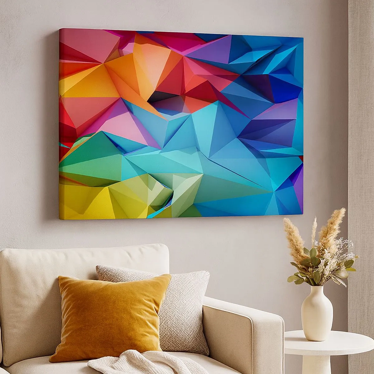 Schilderen op canvas - Kleurrijke geometrische abstractie in levendige kleuren - 70x50cm - Regenboog origami - Moderne wanddecoratie voor woonkamer en slaapkamer ARTTOR