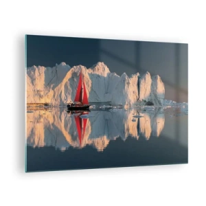 Schilderen op glas - Een zeilboot met een rood zeil bij de ijsbergen bij zonsondergang - 70x50cm - Aan de rand van de wereld - Moderne wanddecoratie voor woonkamer en slaapkamer ARTTOR