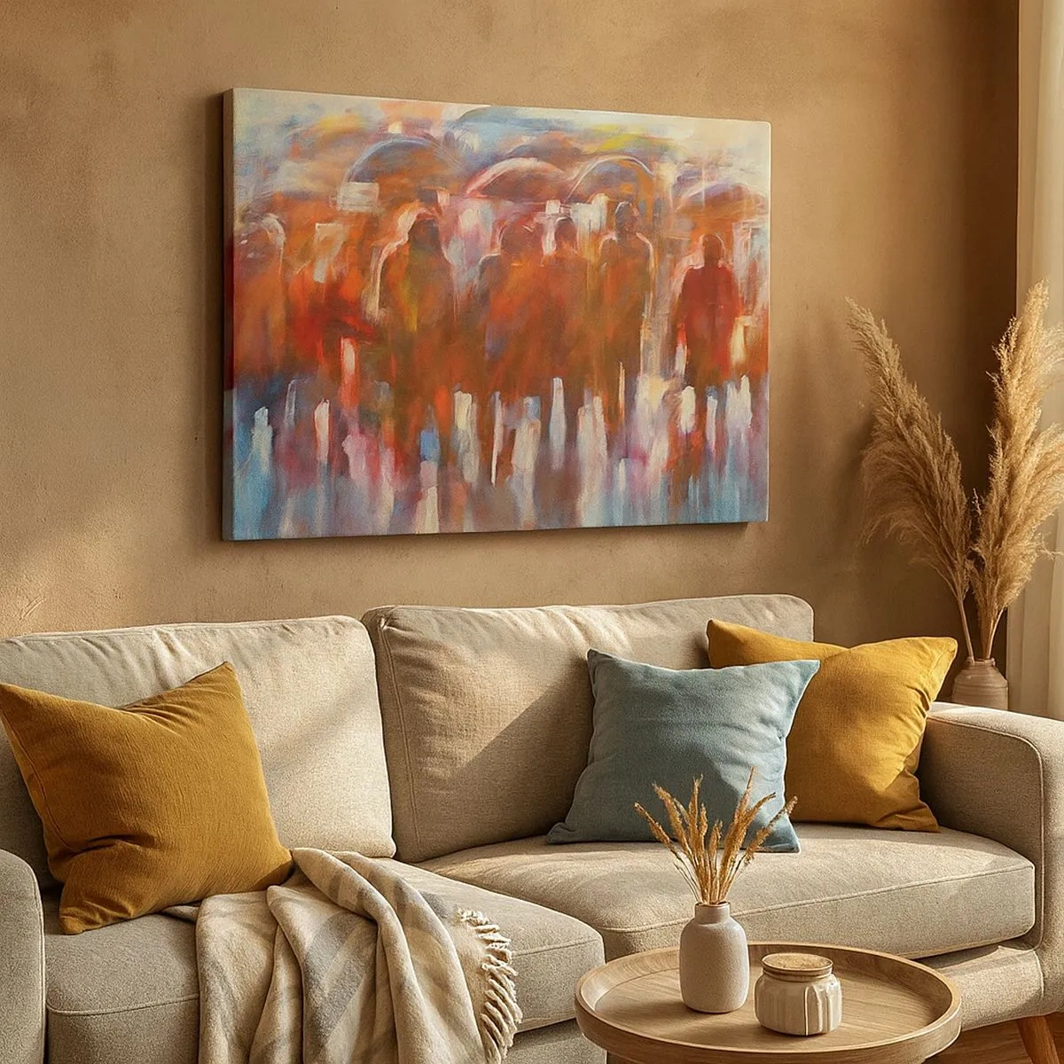 Schilderen op canvas - Een groep mensen met paraplu's in een regenachtige, artistieke omgeving - 70x50cm - Zelfs bij regen en mist - Moderne wanddecoratie voor woonkamer en slaapkamer ARTTOR