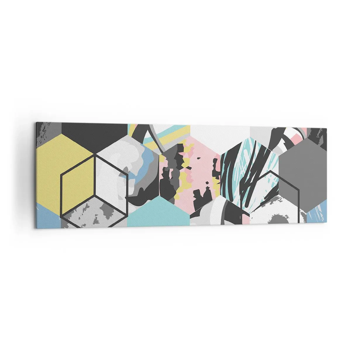 Schilderen op canvas - Zeshoeken en kubussen in zes kleuren - 160x50 cm