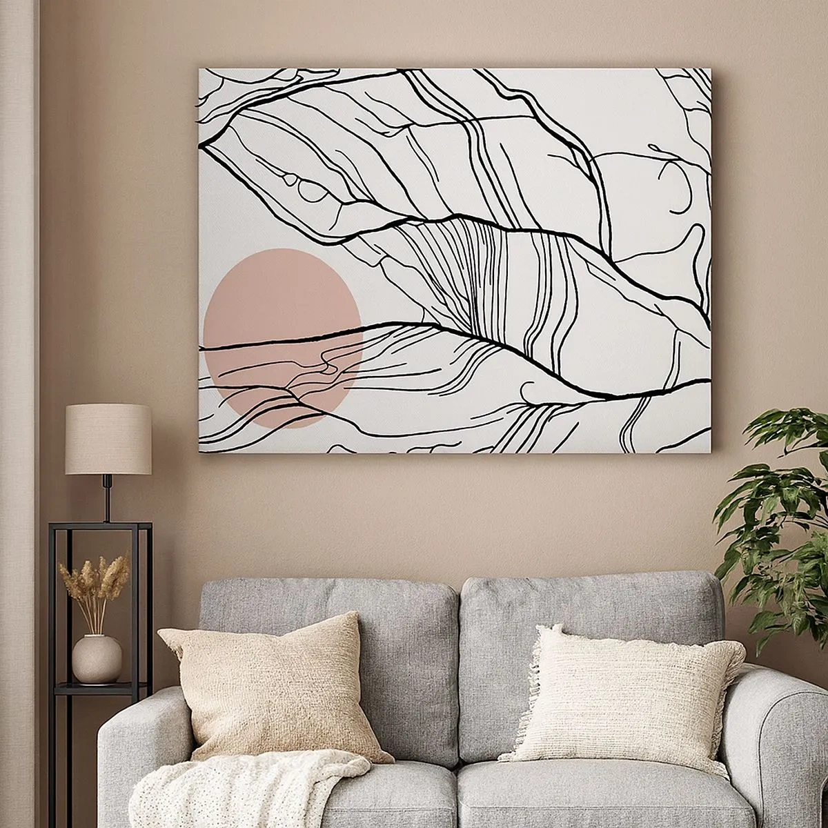 Schilderen op canvas - Minimalistische lijnen met een geometrisch accent - 70x50cm - In een web van twijgen - Moderne wanddecoratie voor woonkamer en slaapkamer ARTTOR