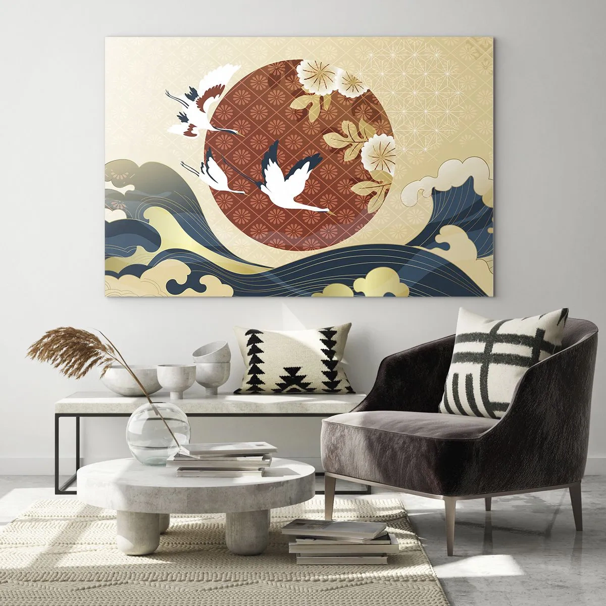 Schilderen op glas - Japanse kranen boven de golven tegen een rode cirkel - 70x50cm - Japans sprookje - Moderne wanddecoratie voor woonkamer en slaapkamer ARTTOR