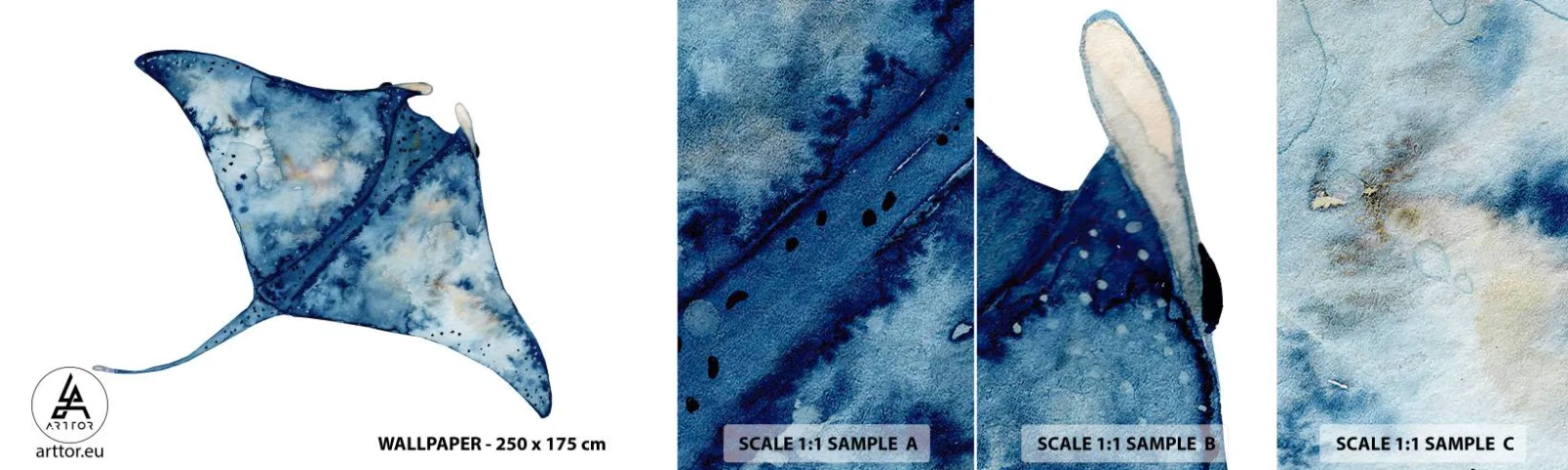 Fotobehang Staaltje Standard Eco - Leven in blauw - Pijlstaartrog, Vis, Stijl aan zee - 100x30 cm
