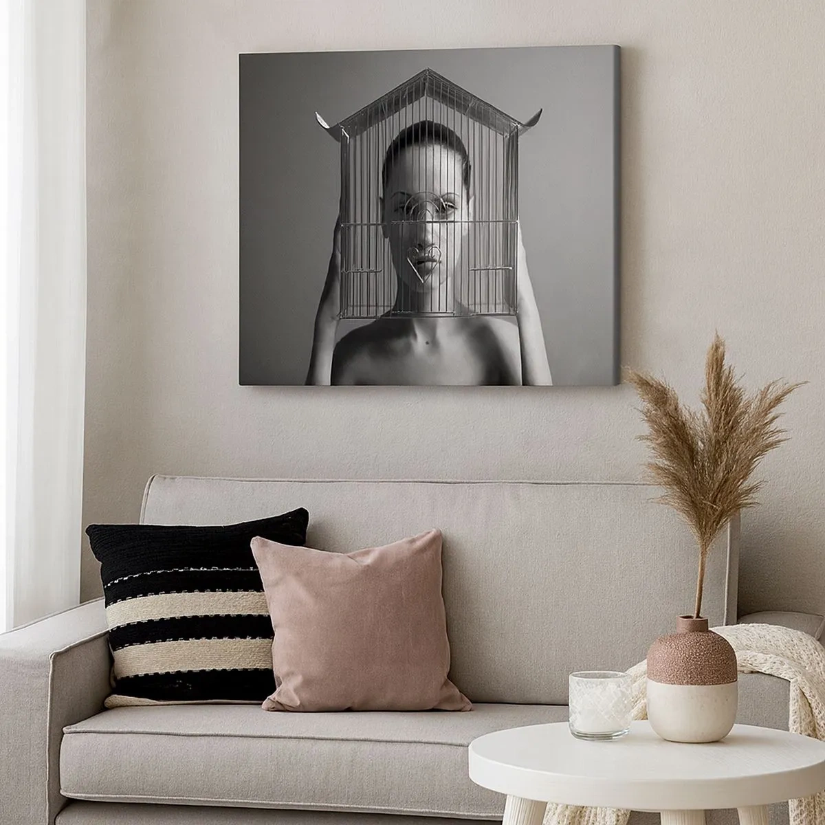 Schilderen op canvas - Vrouw achter een kooi in surrealistische stijl - 70x50cm - Een ietwat surrealistisch portret - Moderne wanddecoratie voor woonkamer en slaapkamer ARTTOR