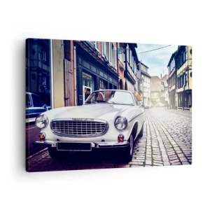 Schilderen op canvas - Een klassieke witte auto op een geplaveide stadsstraat - 70x50cm - Het verleden is vandaag - Moderne wanddecoratie voor woonkamer en slaapkamer ARTTOR