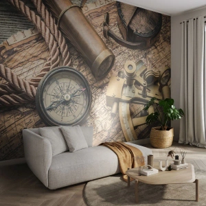 Fotobehang Premium Sand - Zet koers - Nautisch, Wereldkaart, Kompas - 200x140 cm