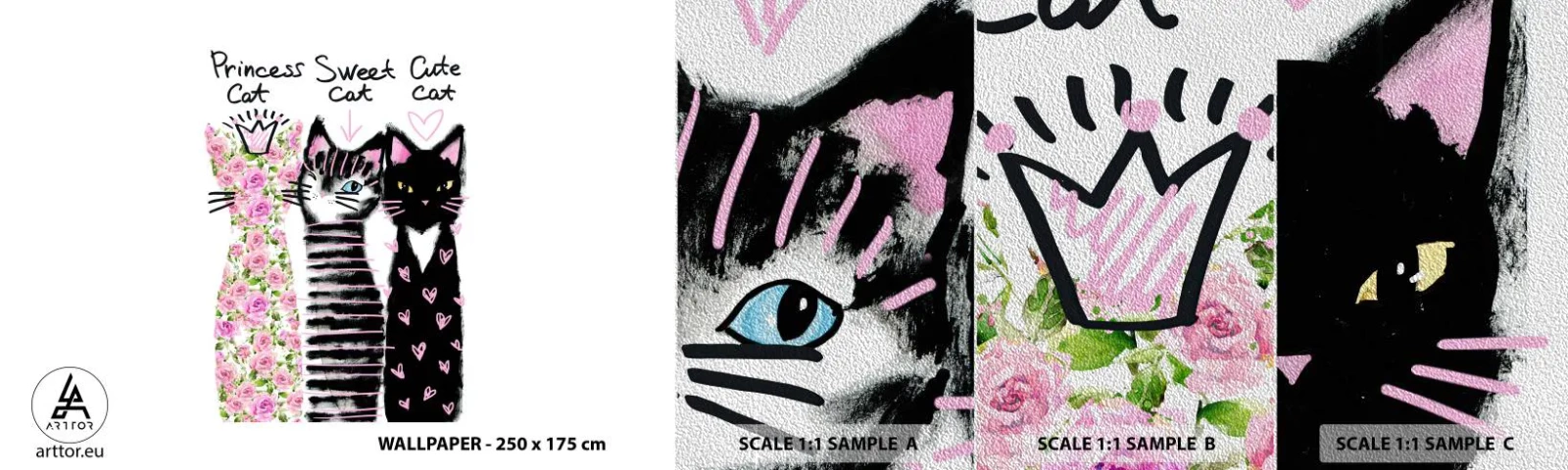 Fotobehang Monster Premium Sand - Er waren drie katten - Voor kinderen, Kat, Dieren - 100x30 cm