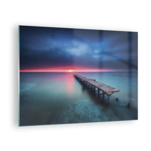 Schilderen op glas - Pier die naar de ondergaande zon leidt - 70x50cm - Tussen hemel en aarde - Moderne wanddecoratie voor woonkamer en slaapkamer ARTTOR