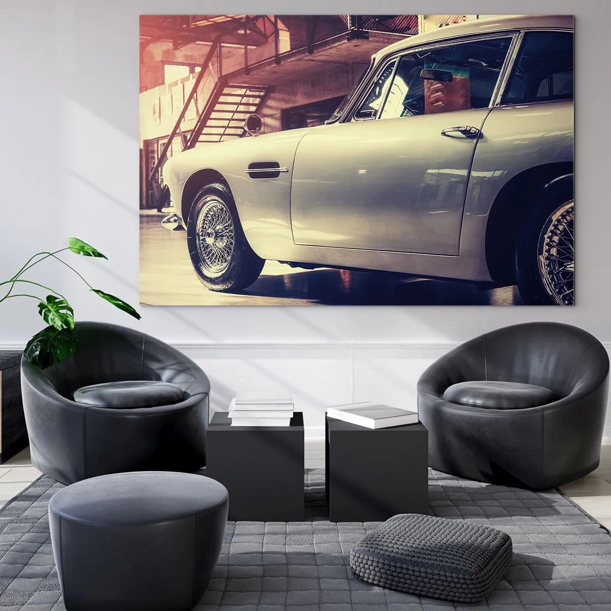 Schilderen op glas - Een klassieke auto in een elegant garage-interieur - 70x50cm - De klassiekers worden niet oud - Moderne wanddecoratie voor woonkamer en slaapkamer ARTTOR