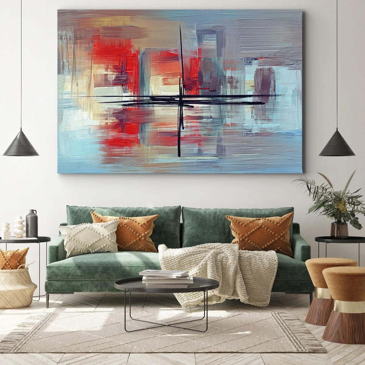 Schilderen op canvas - Een abstracte compositie met felle kleuren, lijnen en geometrische vormen. - 70x50cm - Een landschap in een onbekende dimensie - Moderne wanddecoratie voor woonkamer en slaapkamer ARTTOR