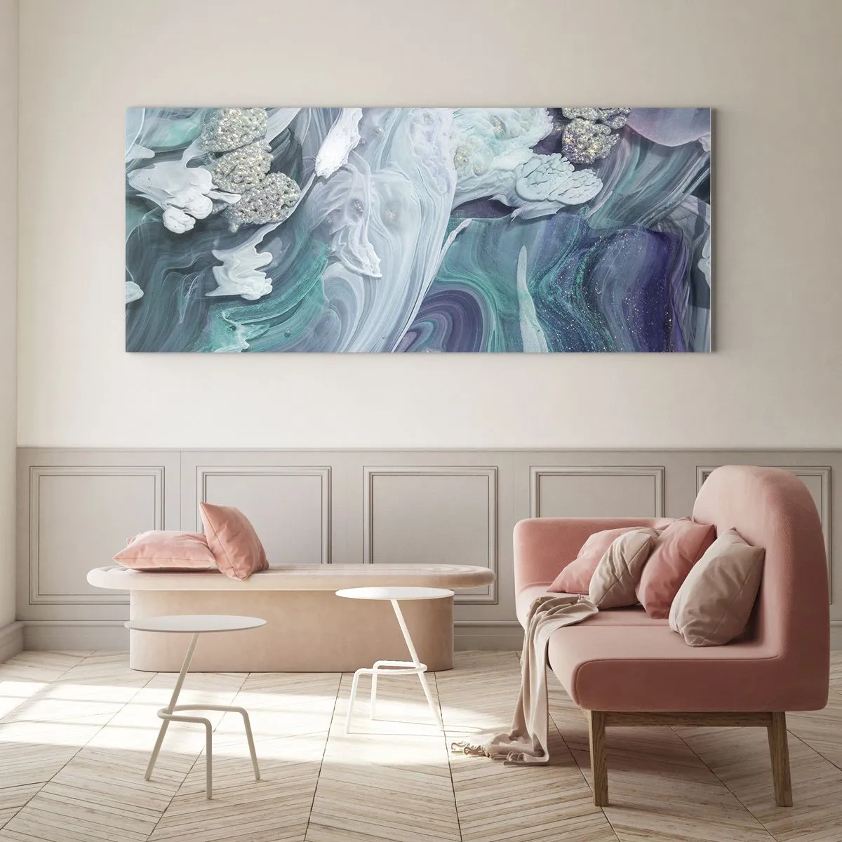 Schilderen op glas - Stromingen van hemelsblauw - 160x50 cm