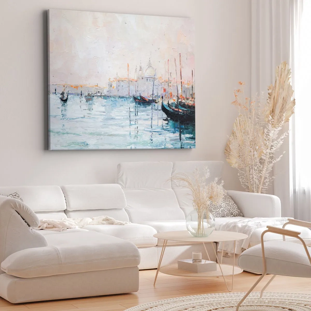 Schilderen op canvas - Schilderachtig uitzicht op de grachten met pastelkleurige boten - 70x50cm - Achter het water, achter de mist - Moderne wanddecoratie voor woonkamer en slaapkamer ARTTOR