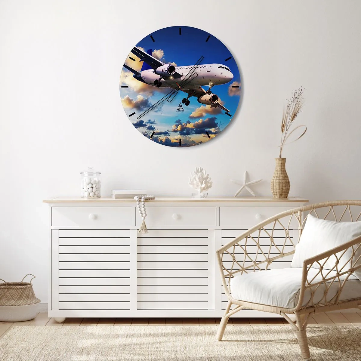 Wandklok - Klok - Een vliegtuig tegen een bewolkte lucht - 30x30cm - Een reis in wit en blauw - Moderne wanddecoratie voor woonkamer, keuken en slaapkamer ARTTOR