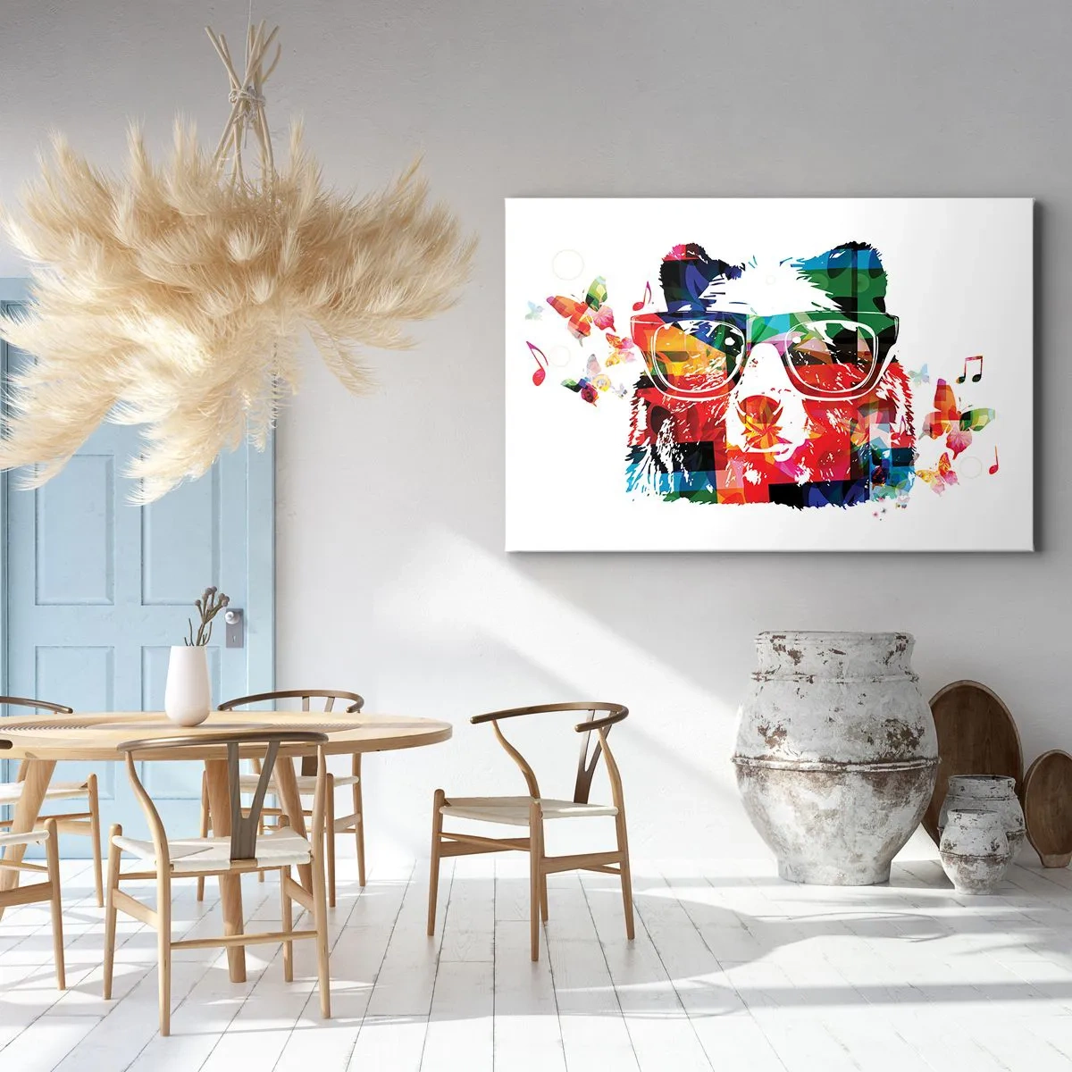 Schilderen op canvas - Kleurrijke beer met bril met vlinders en muzieknoten - 70x50cm - Dat vind ik leuk! - Moderne wanddecoratie voor woonkamer en slaapkamer ARTTOR