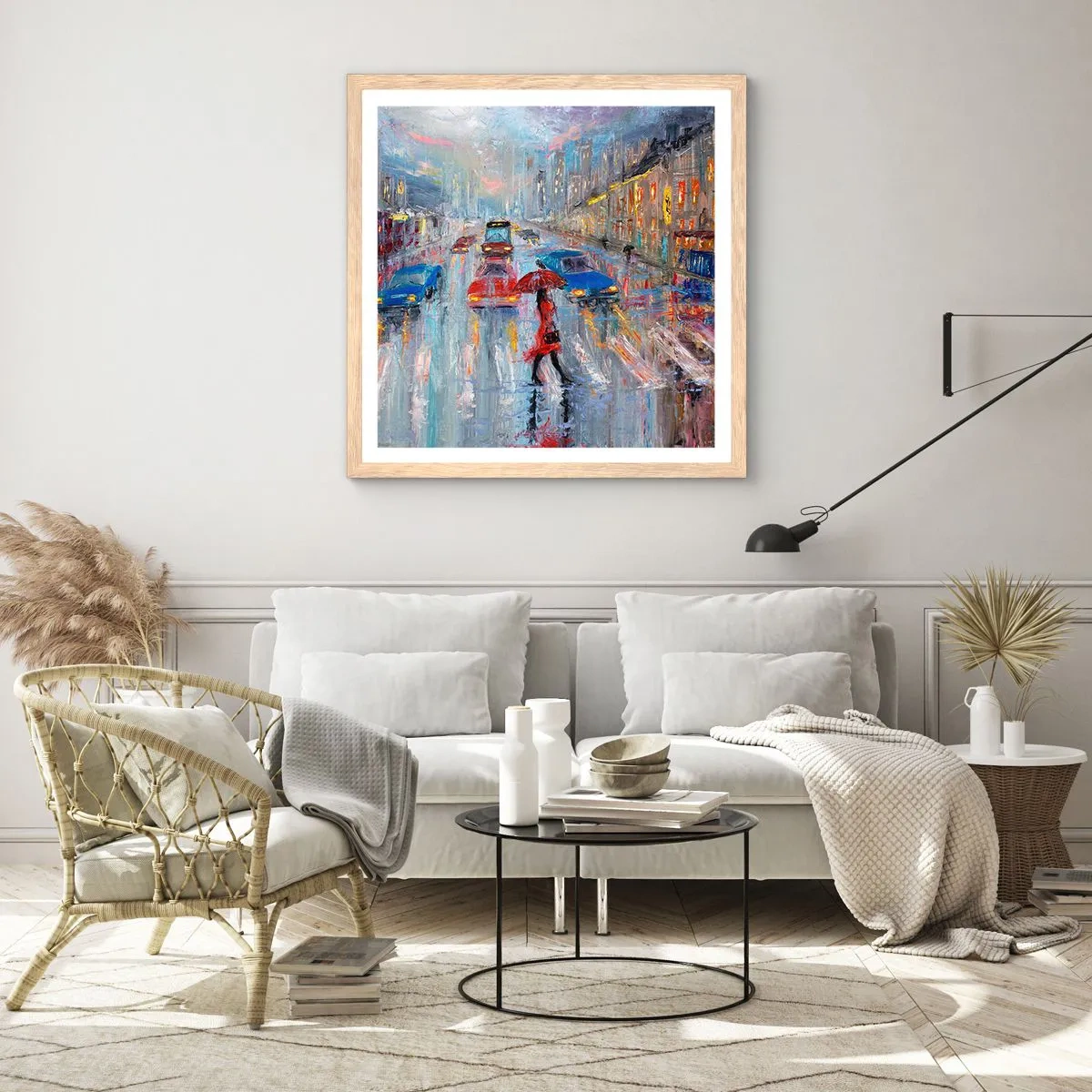 Een poster in een licht eiken lijst - Regenachtige middag in de stad - 40x40 cm