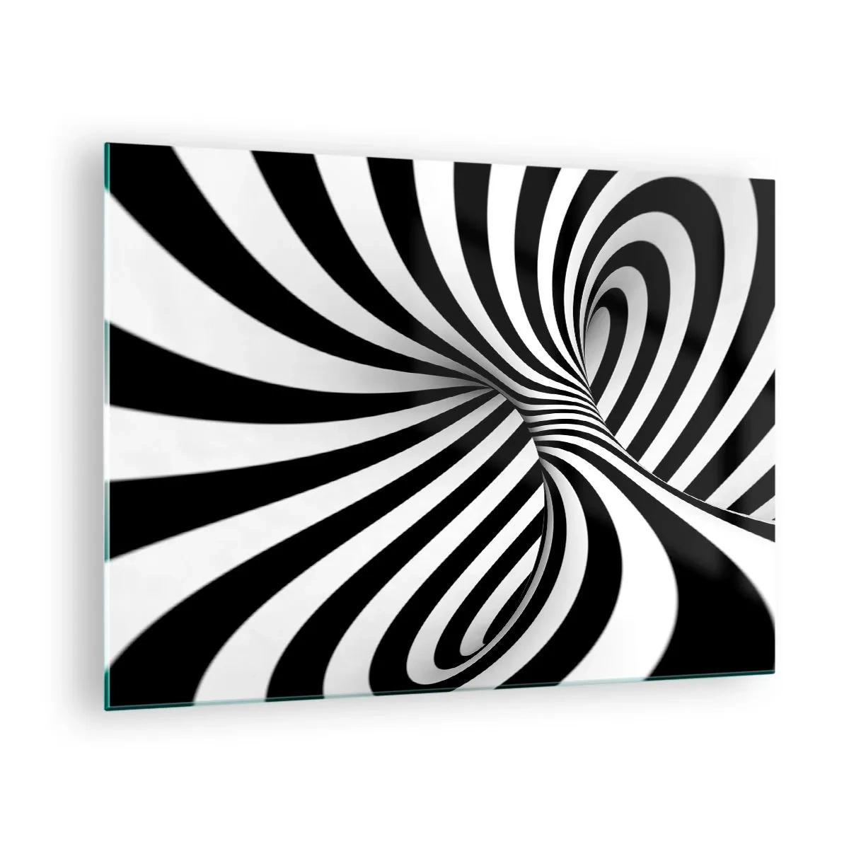 Schilderen op glas - Een zwart-witte spiraal creëert een dynamisch ruimtelijk effect. - 70x50cm - Compositie: dansende ruimte - Moderne wanddecoratie voor woonkamer en slaapkamer ARTTOR
